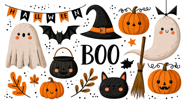 A colorful illustration of Halloween-themed items including a witch's hat a ghost a bat a pumpkin a cat a broom and a jack-o'-lantern with the word BOO prominently displayed