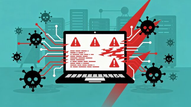 Illustration depicting a laptop infected by computer viruses, showing warning signs and malware spreading from servers in the background.