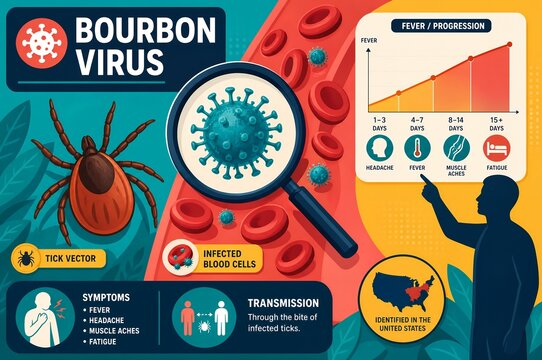 Bourbon virus infographic with tick, infected blood cells, fever progression chart, symptoms, transmission, and United States map