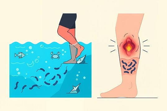 Vibrio vulnificus wound infection illustration showing leg cut in contaminated seawater and resulting skin abscess with bacteria