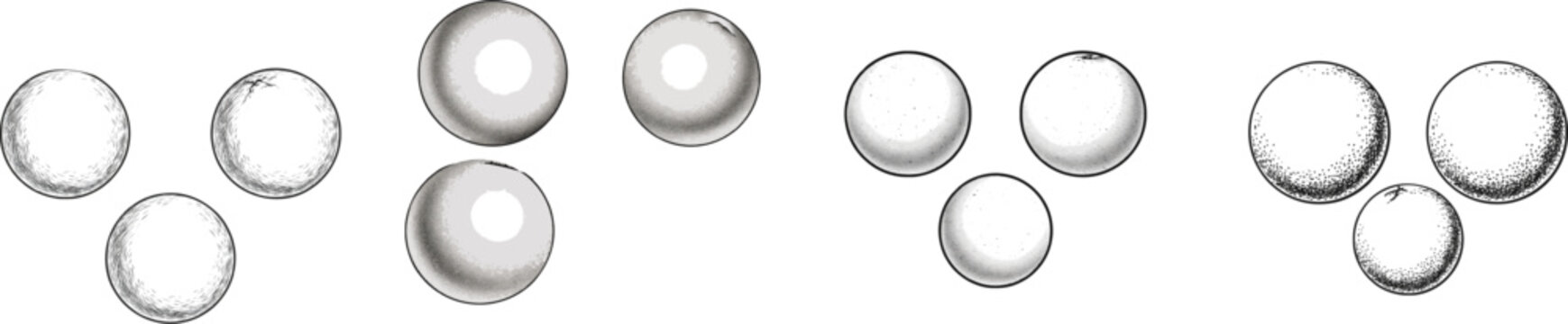 A vintage herbarium sketch of three round puffball mushrooms in a loose triangle arrangement on a white background, rendered in black and white with no shading or texture