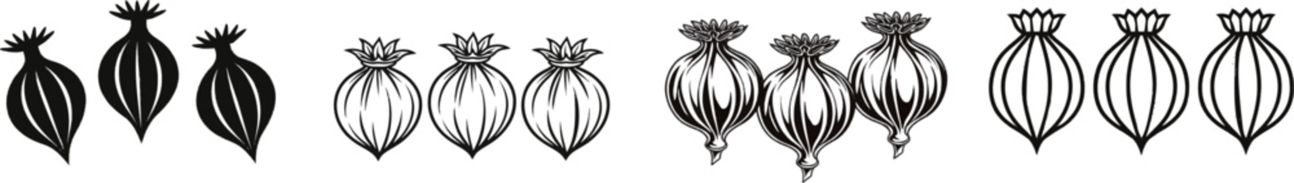 A minimalist black-and-white illustration of three poppy seed pods in a flat shape iconography against a white background