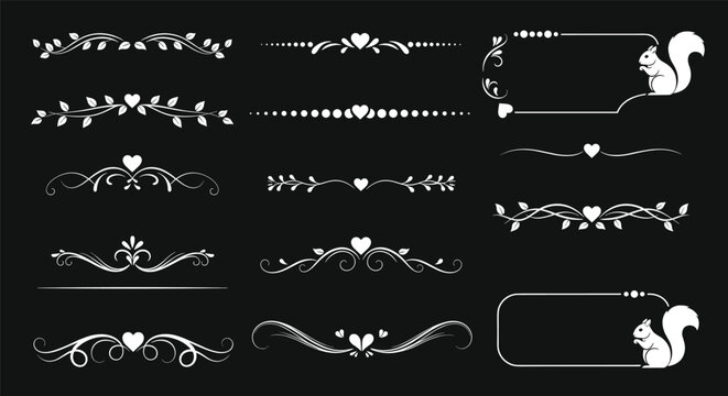 Collection of elegant white ornamental dividers, frames, and banners featuring cute squirrels on a black background.
