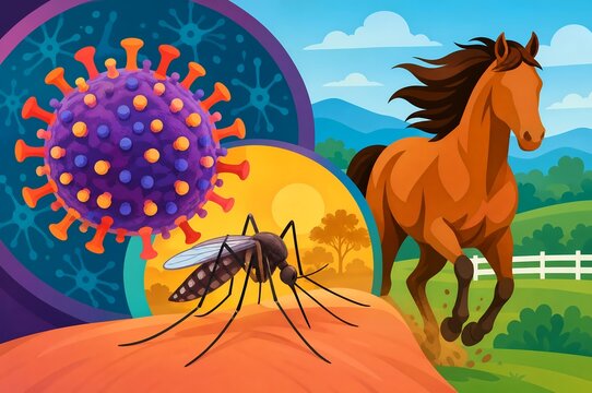 Western equine encephalitis virus illustration with mosquito biting skin, galloping horse, alphavirus particle, and rural pasture