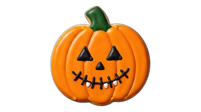 A festive halloween pumpkin cookie with icing decoration presented as a high quality png file isolated on transparent background