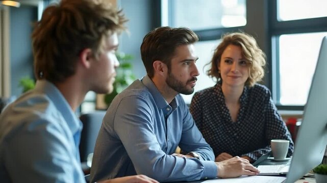 Business people brainstorming and chatting at workplace office.