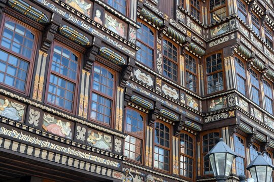 The old town of Hildesheim Lower Saxonia Germany, houses and buildings. Half timbered houses. Facades of medieval houses at the central square. Butchers guildhall