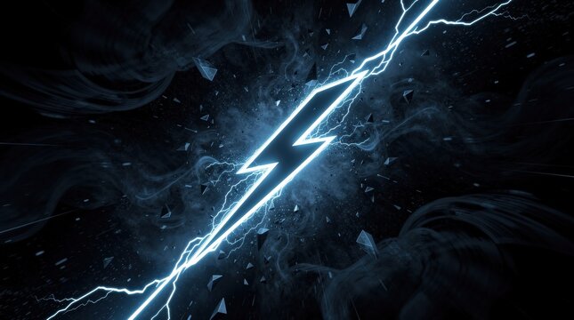 A bright, jagged lightning bolt crackles through a dark, stormy background filled with shattered debris and electric energy.