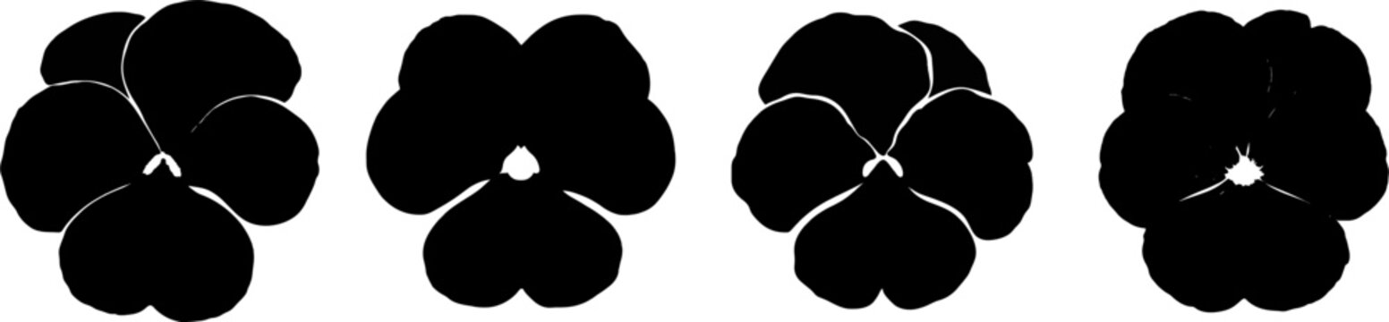 A minimalist icon of a single pansy flower in flat shape design showcases five bold black petals against a white background