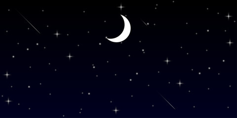 Glowing crescent moon in a starry night sky with celestial beauty. night black sky with moon stars. Crescent Moon with Stars in Dreamy Night Sky with Soft Blue Gradient for Astrology © Sofiqul