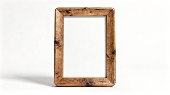 A rustic wooden photo frame with visible grain, knots, and a natural finish, standing upright against a plain white background.