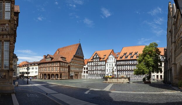 The old town of Hildesheim Lower Saxonia Germany, houses and buildings. Half timbered houses. Facades of medieval houses at the central square. Butchers guildhall at square.