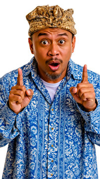 A man wearing a blue shirt with a floral pattern and a gold headband making a surprised expression with his mouth open and fingers pointing upwards