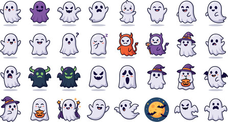 Obraz premium Cute Halloween Ghost Characters and Spooky Costume Vector Icon SetCute Halloween Ghost Characters and Spooky Costume Vector Icon Set