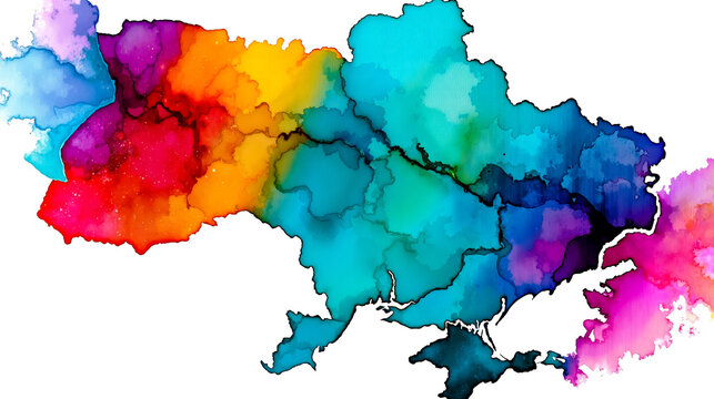 A colorful abstract representation of a map with various shades of blue green yellow orange and pink blending together to form a shape that resembles a country or region