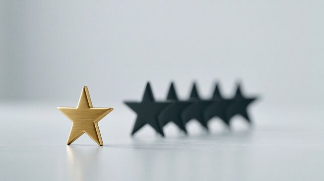 Single Golden Star Lead a Row of Blurred Dark Stars on Light Background