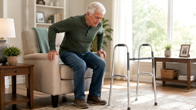 Older adult independently transferring from comfortable armchair using proper body mechanics with nearby walker for support,