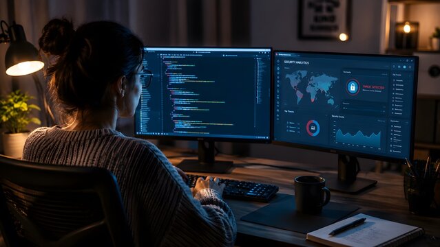 Female software developer coding on dual monitors at night, professional programmer working with data analytics and code, dark home office workspace