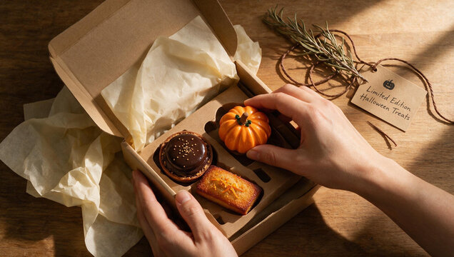 Hands opening a cardboard gift box of Halloween treats. Pumpkin shaped dessert and chocolate tart on a wooden table. Seasonal bakery menu concept