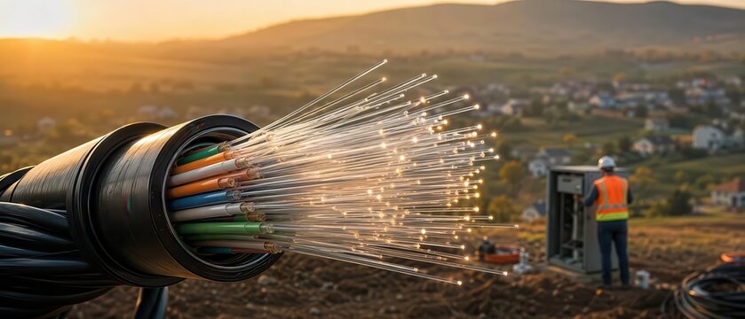As the sun sets over a tranquil rural landscape, technicians diligently install fiber optic cables, working together to establish a vital connection
