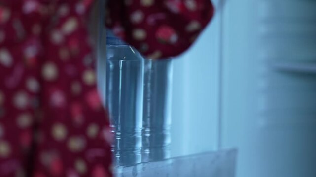 Little girl in a red dress taking a bottle of drinking water from an opened hotel room mini refrigerator highlighting family travel, child independence, and complimentary in room amenities.