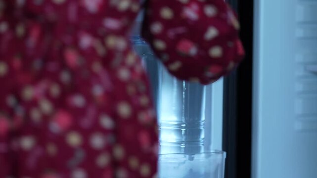 Little girl in a red dress taking a bottle of drinking water from an opened hotel room mini refrigerator highlighting family travel, child independence, and complimentary in room amenities.