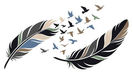 Flying birds emerging from decorative feather plumes. © GW