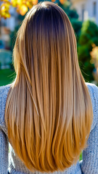 A close-up of a person's back showing long wavy blonde hair