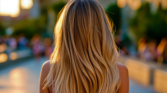 A portrait of a woman with long blonde hair captured from behind with a blurred background that suggests a sunset or sunrise