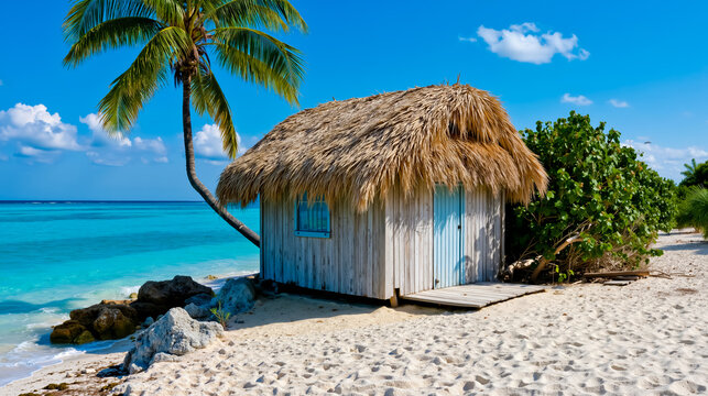 A small thatched hut with a palm tree in front of it situated on a sandy beach with a clear blue ocean in the background