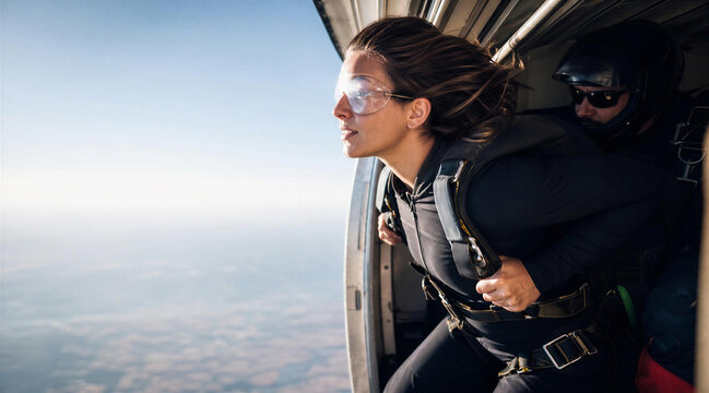 Woman Ready to Skydive Leaning Out of Aircraft Door