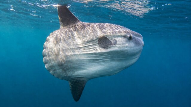 Ocean sunfish side profile under rippling surface light