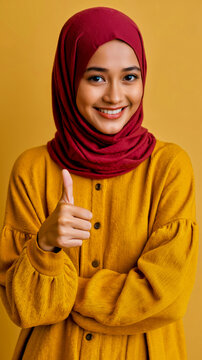 A smiling woman wearing a red hijab and a yellow sweater
