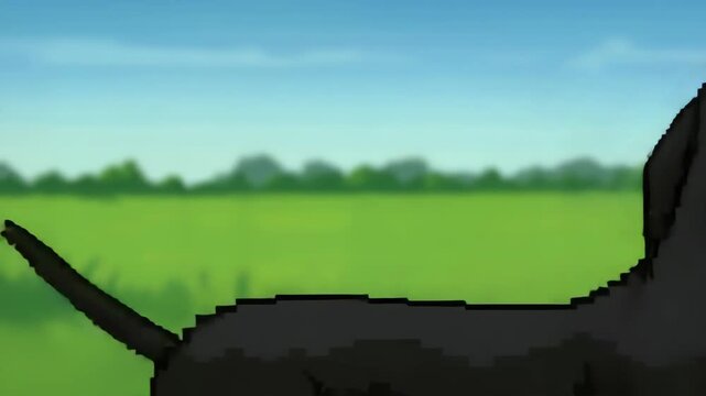 Pixel art dachshund dog portrait on green meadow, retro game style animation, playful pet design