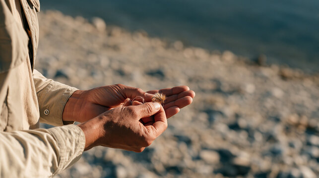 Fishing guide demonstrating fly tying technique directly overhead in harsh midday sun on a riverbank, elk hair caddis half complete between fingers, bobbin thread catching light,