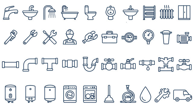 Set of plumbing equipment icons in clean linear style.
