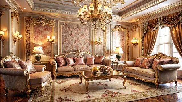 A lavish sitting room adorned with opulent furnishings amidst a wallpaper background transitioning from rich gold to soft rose gold