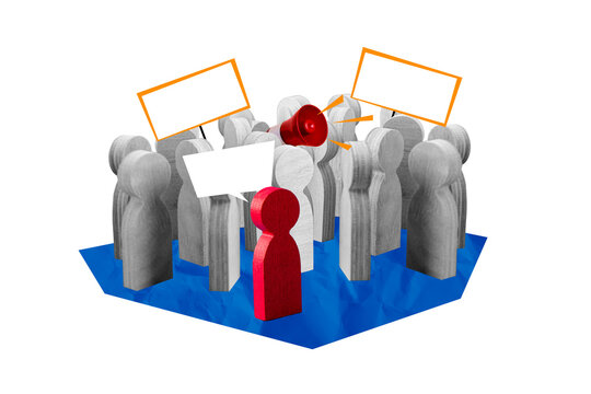 Creative collage picture group people proclaim rights loudspeaker protest demonstration community defend interest drawing background