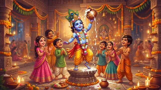 Little Krishna Breaking the Dahi Handi - Janmashtami Celebration Scene