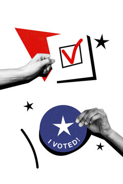 Vertical photo collage human hands hold voting checkbox approval acceptance election referendum concept drawing background