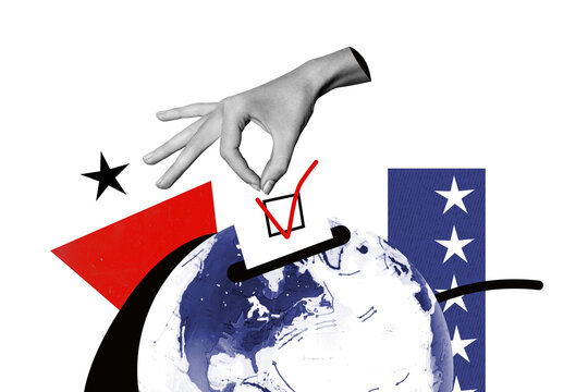 Creative photo collage human 3d hand cutout fragment take checkbox tick voted election referendum concept drawing background