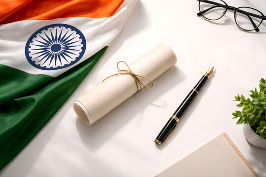 Indian Flag with Scroll Certificate and Pen Flat Lay, Republic Day Constitution Legal Document Concept