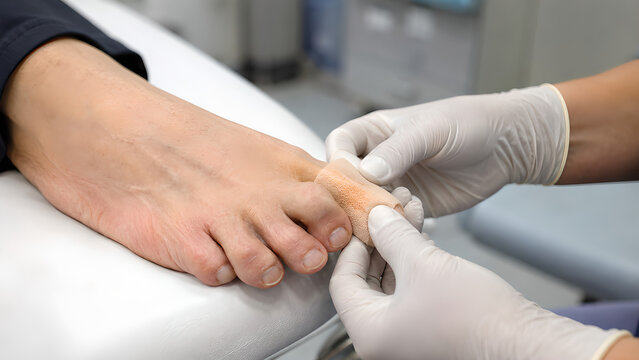 Hammer toe treatment procedure showing proximal interphalangeal joint flexion in deformed toes, photorealistic clinical foot care image for medical education, podiatry, and patient communication