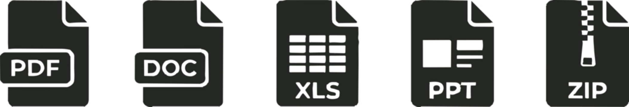 Flat icons set of common file formats including pdf, doc, xls, ppt, and zip