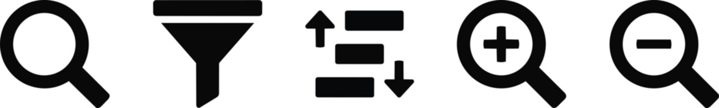 Search and filter icons with plus and minus signs in a magnifying glass set
