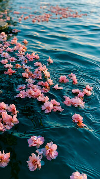 A body of water with ripples adorned with pink flowers floating on its surface
