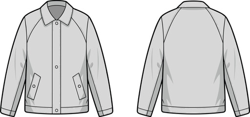 Technical fashion sketch of a casual light grey jacket with raglan sleeves and front button closure © LOKMAN