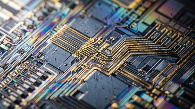 circuit board microchip macro technology electronics gold semiconductor chip close up hardware engineering computer processor motherboard pattern texture industrial background