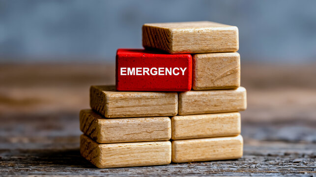 A stack of wooden blocks with the word EMERGENCY on the top block