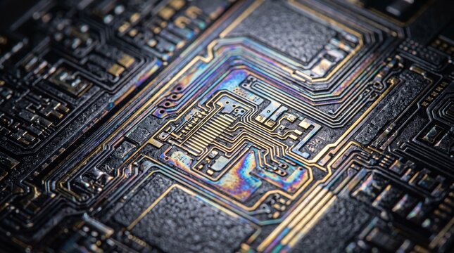 circuit board microchip macro technology electronics gold semiconductor chip close up hardware engineering computer processor motherboard pattern texture industrial background